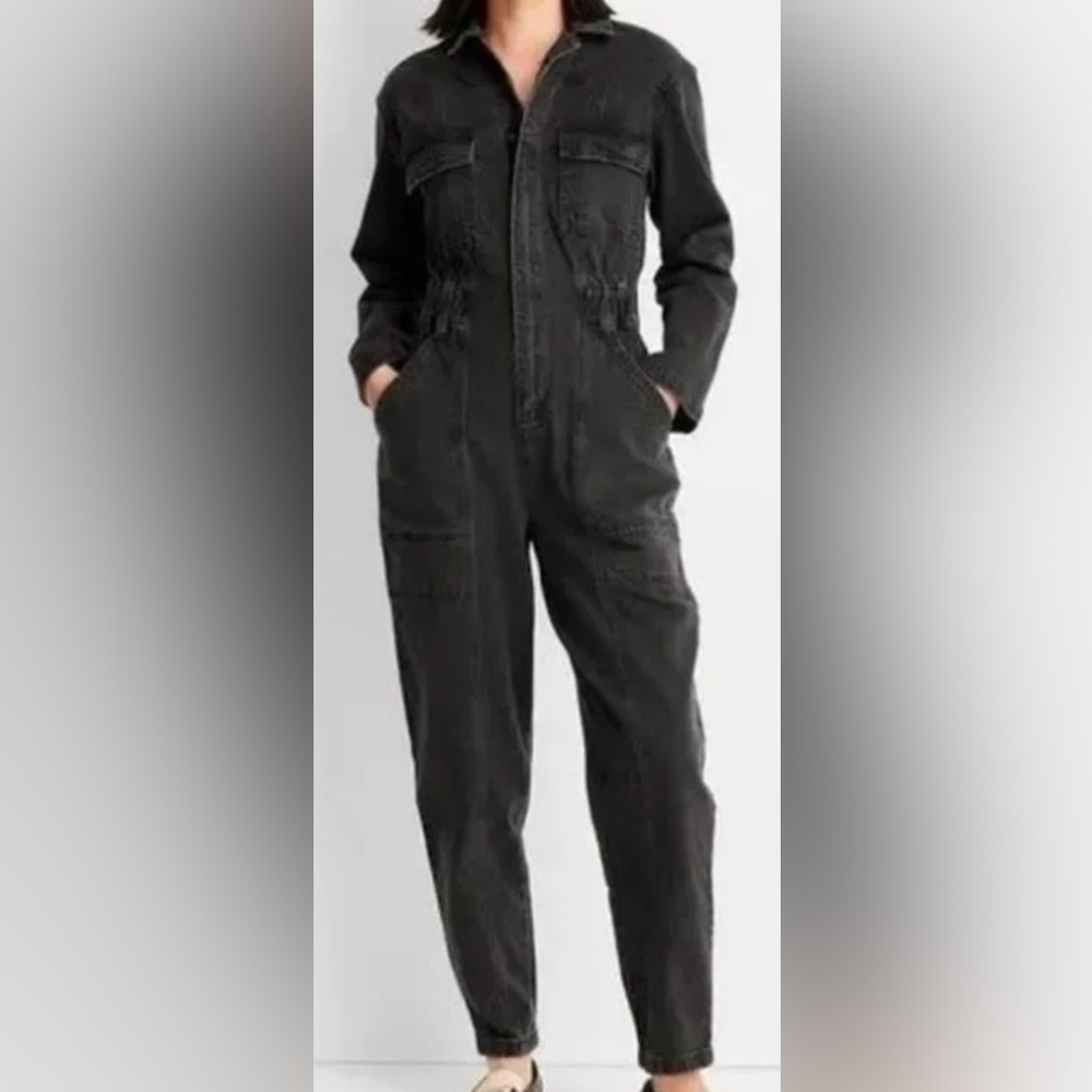Universal Thread Black Wash Denim Jean Long Sleeve Cinch Waist Zip Jumpsuit